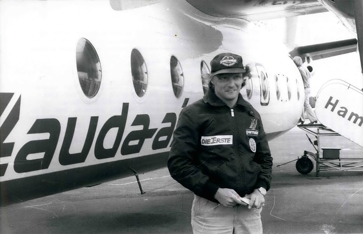 Ники Лауда открывает воздушный маршрут Гамбург (Западная Германия) &mdash; Клагенфурт (Австрия), 1981 год