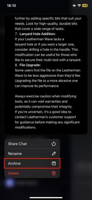 Как спрятать диалоги в мобильном приложении ChatGPT: выберите Archive