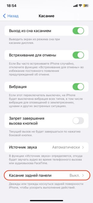 Как настроить касания «яблока»: перейдите в пункт «Касание задней панели»
